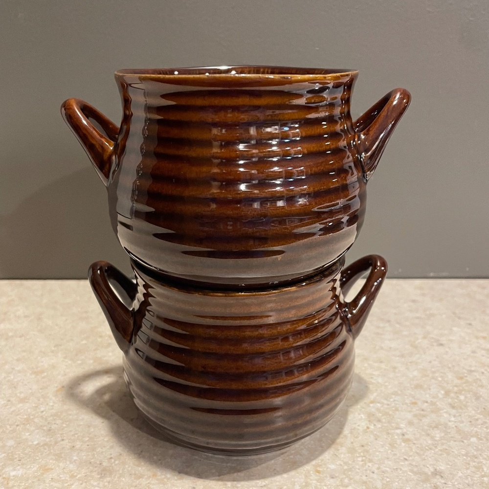 CRATE & BARREL Set of 2 Brunswick Stoneware Chili Soup Bowl Crock Brown Glazed
